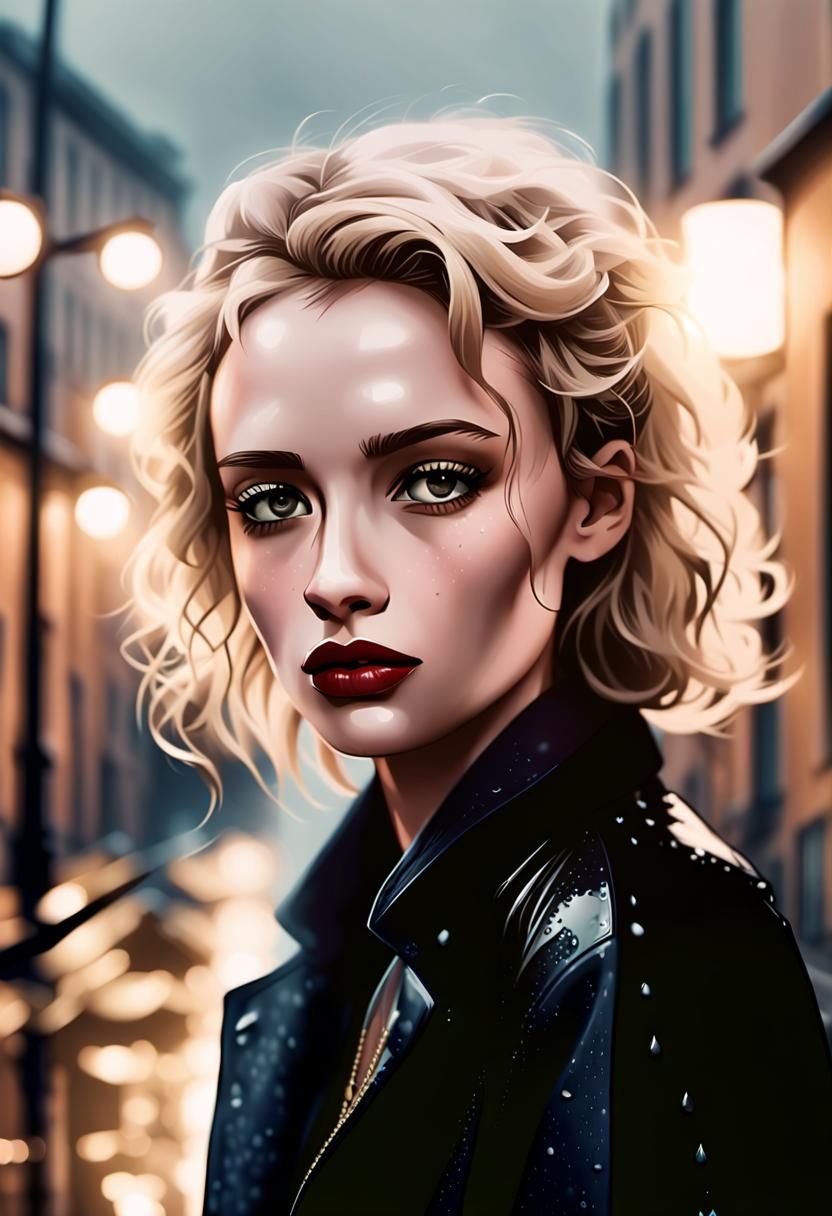 Rainy Alley Woman in Film Noir Style