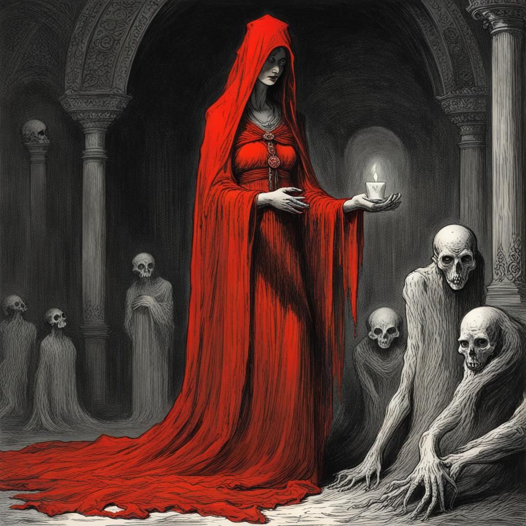Terrifying Red Priestess in Dark Fantasy Style