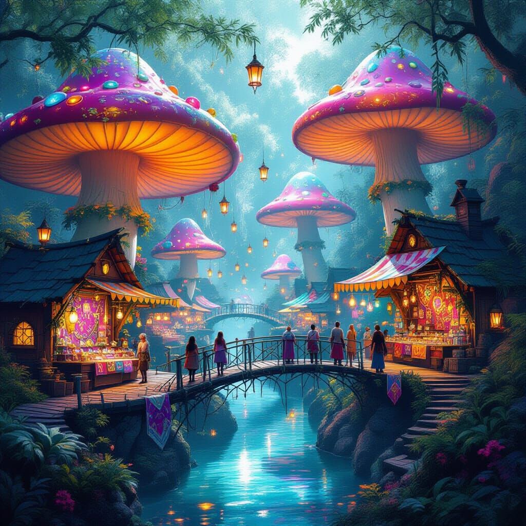 Psychedelic Mushroom Marketplace on Spiderweb Bridges