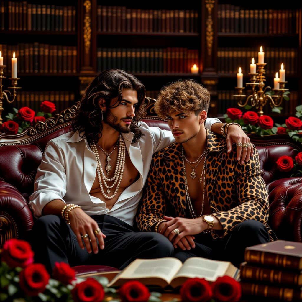 Opulent Library Scene: Two Men Reading Amidst Roses