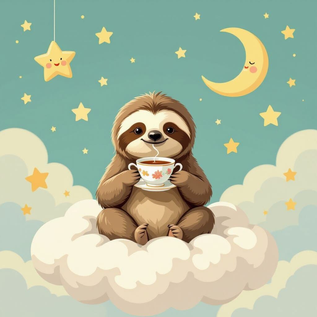 Serene Sloth Enjoys Tea on Marshmallow Cloud in Dreamlike St...