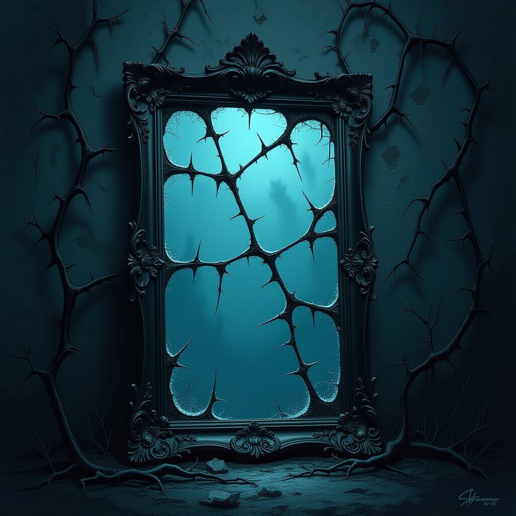 Thorny Vines Emerge from Cracked Mirror