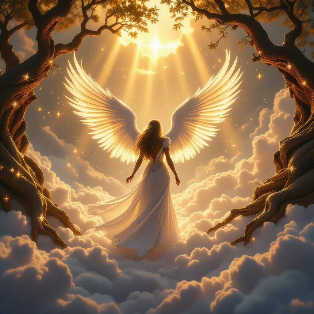 Majestic Angel Rises from Glowing Clouds in Ancient Heaven