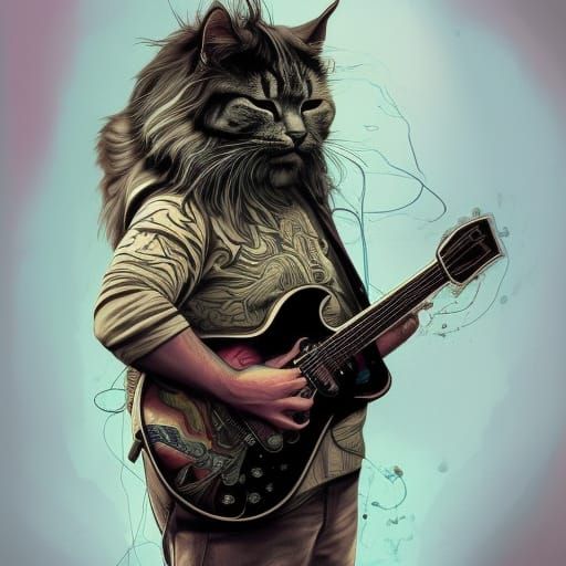 Jerry Garcia Mainecoon Cat Guitar Portrait in 8K
