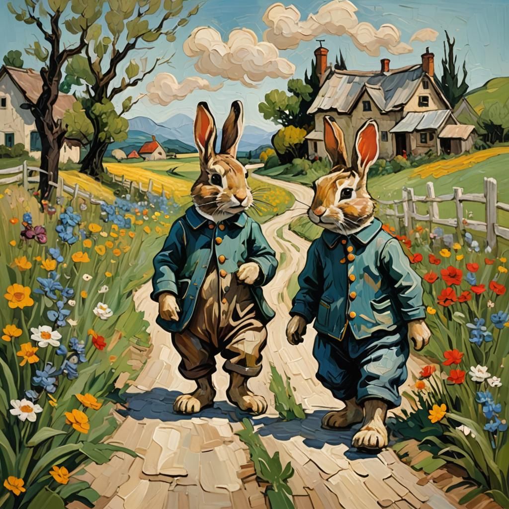 Whimsical Bunnies Stroll a Countryside Path