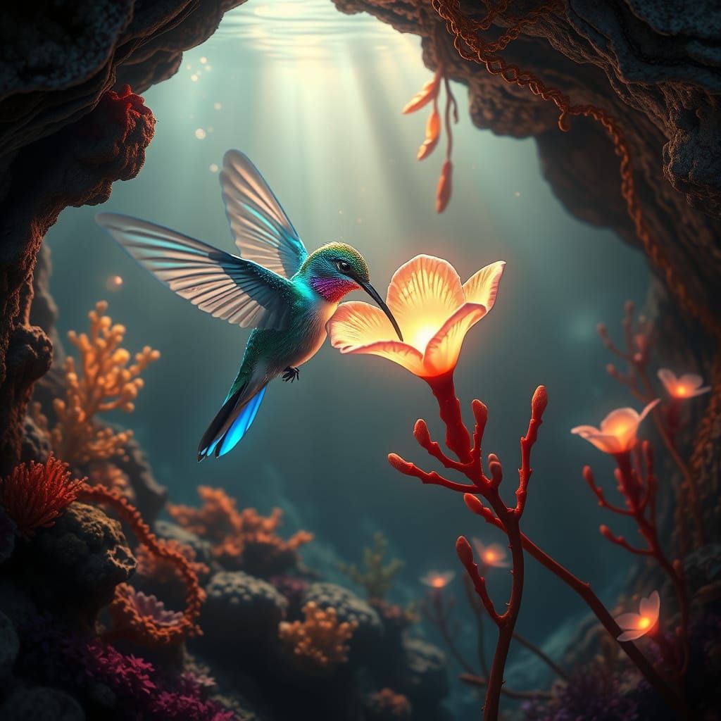 Bioluminescent Hummingbird in Underwater Grotto, Hyperrealis...