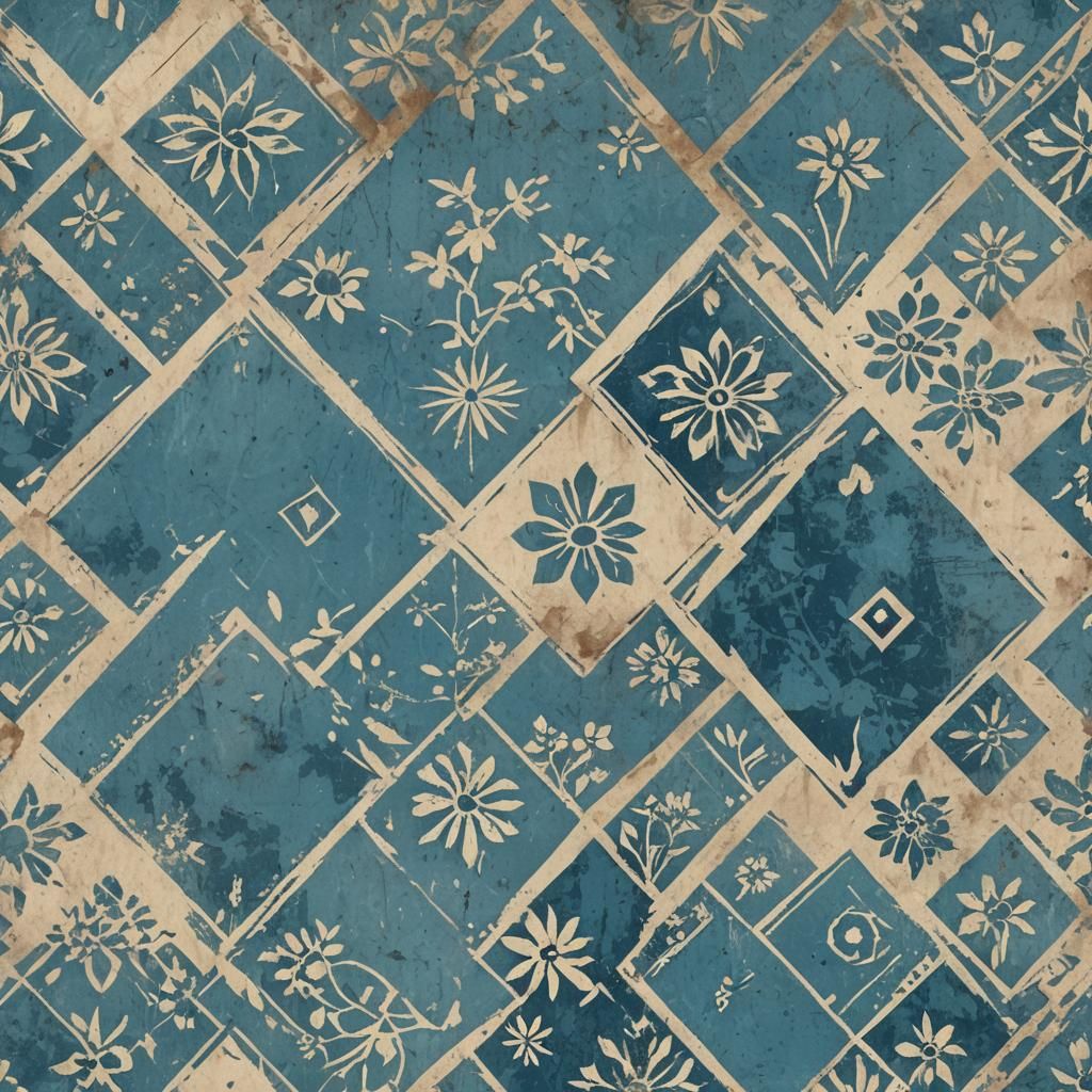 Distressed Folk Art Stencil Wallpaper in Vintage Style