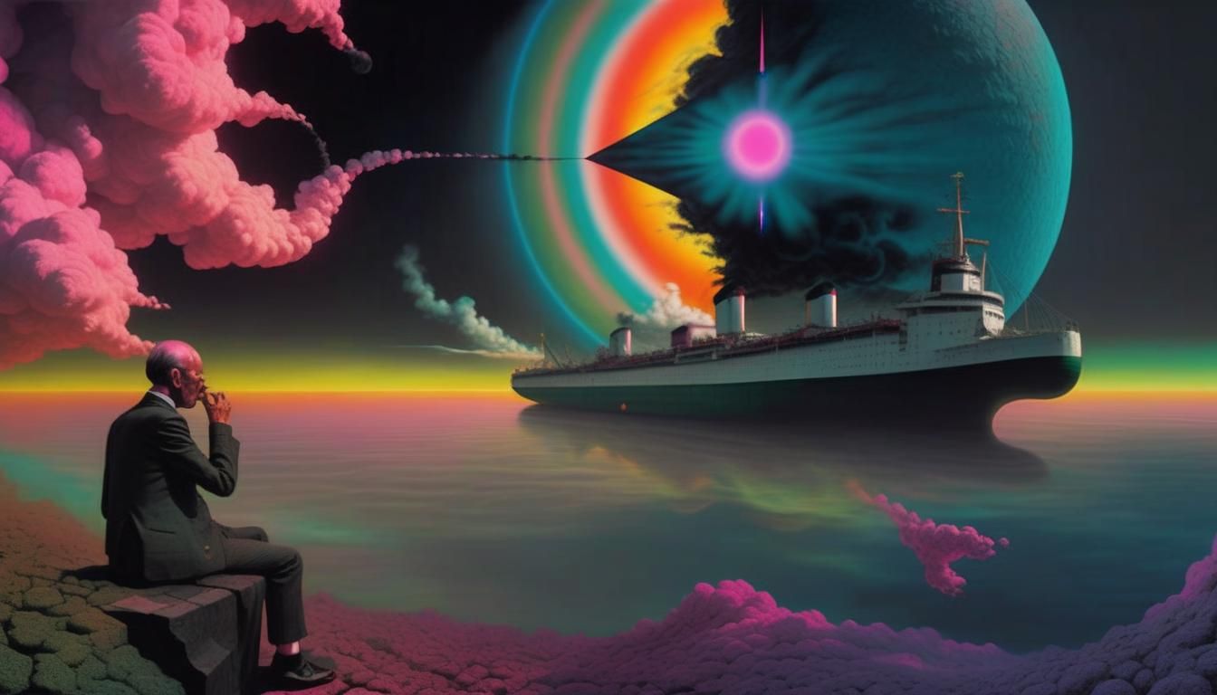Psychedelic Ship on Horizon: A Surreal Tribute