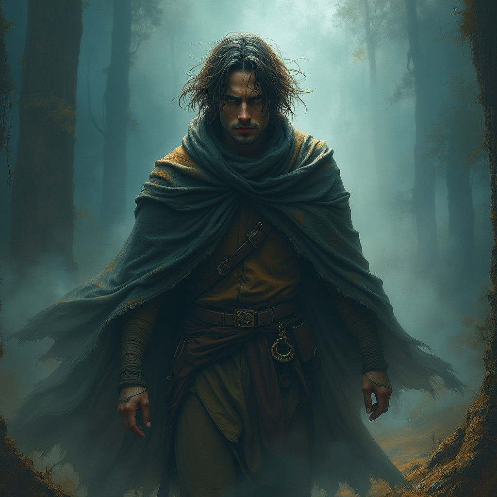 Mysterious Man in Dark Fantasy Landscape