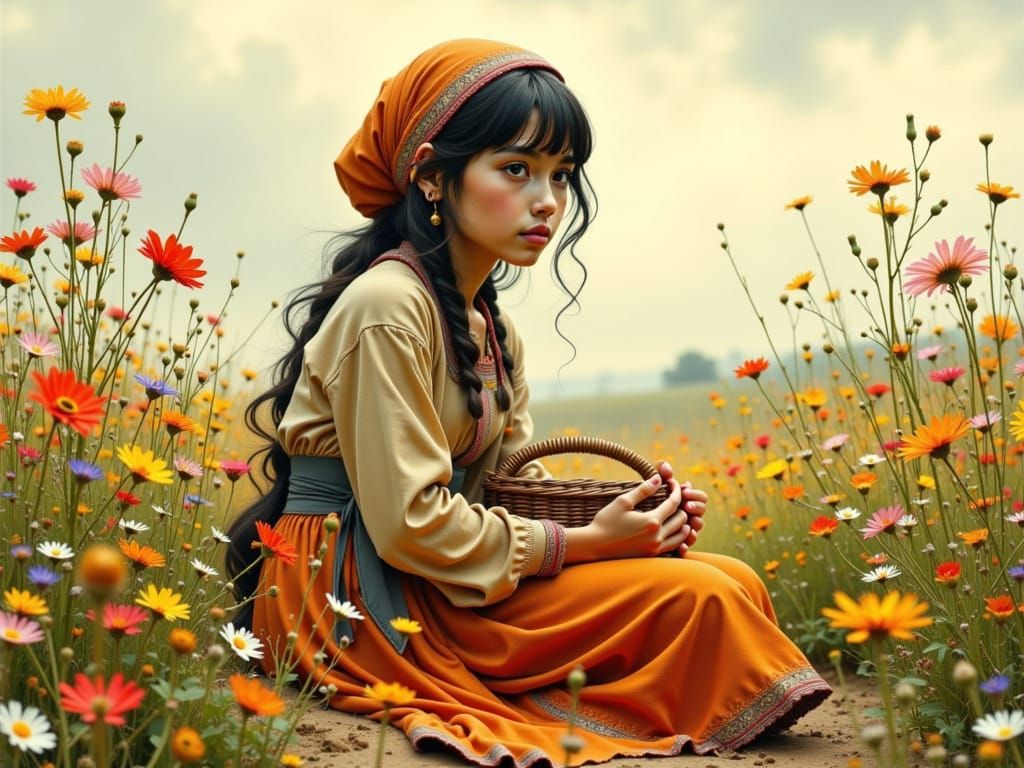 Girl in Wildflower Field, Art Nouveau Illustration