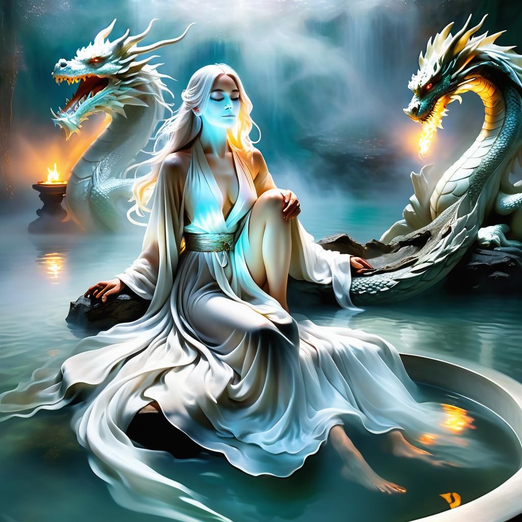 Woman and Dragon in Luminous Bath, Surreal Dreamscape