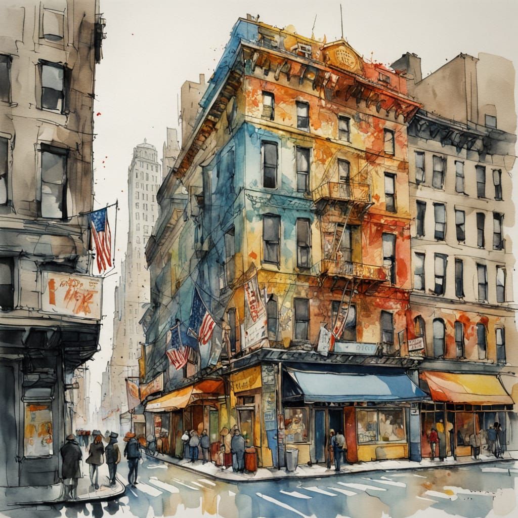 Colorful Cityscape in Gouache and Watercolor Style