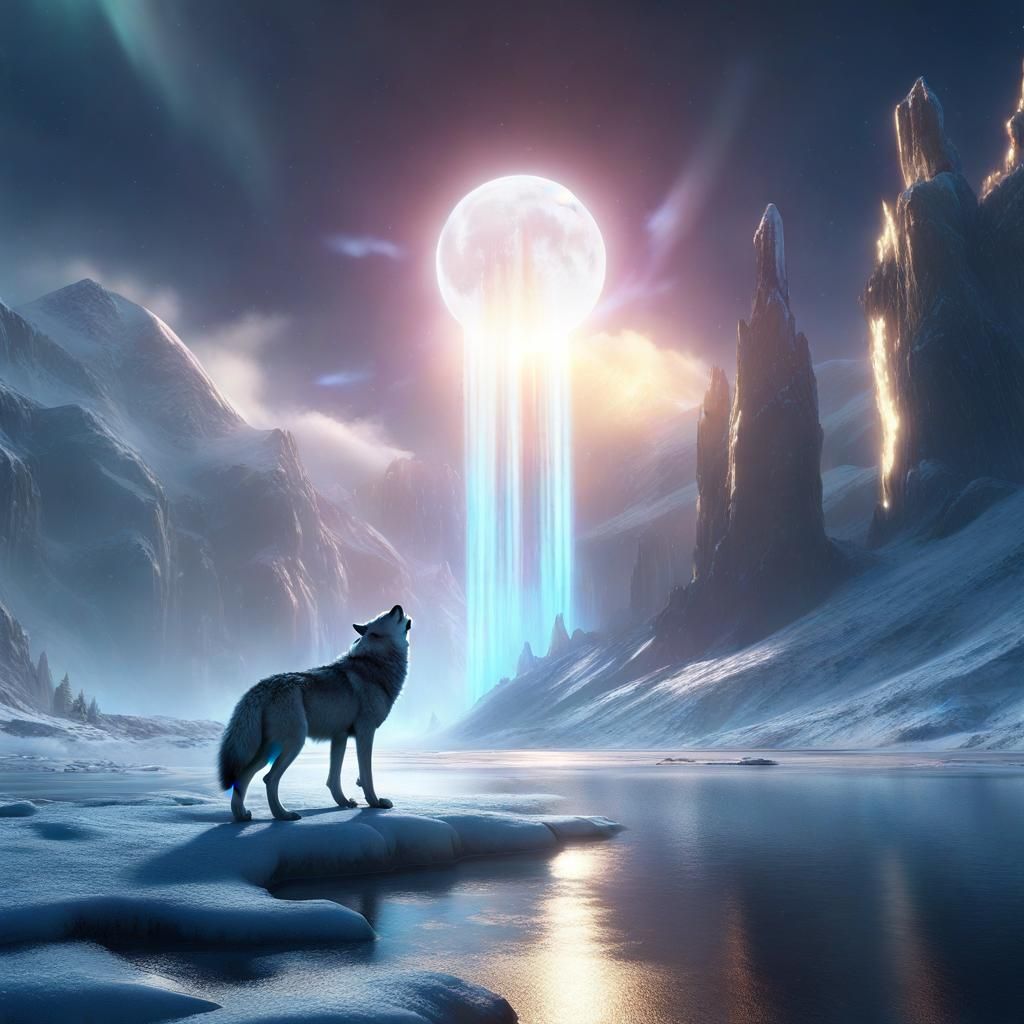 Wolf Under Light Pillar with Ice Halo