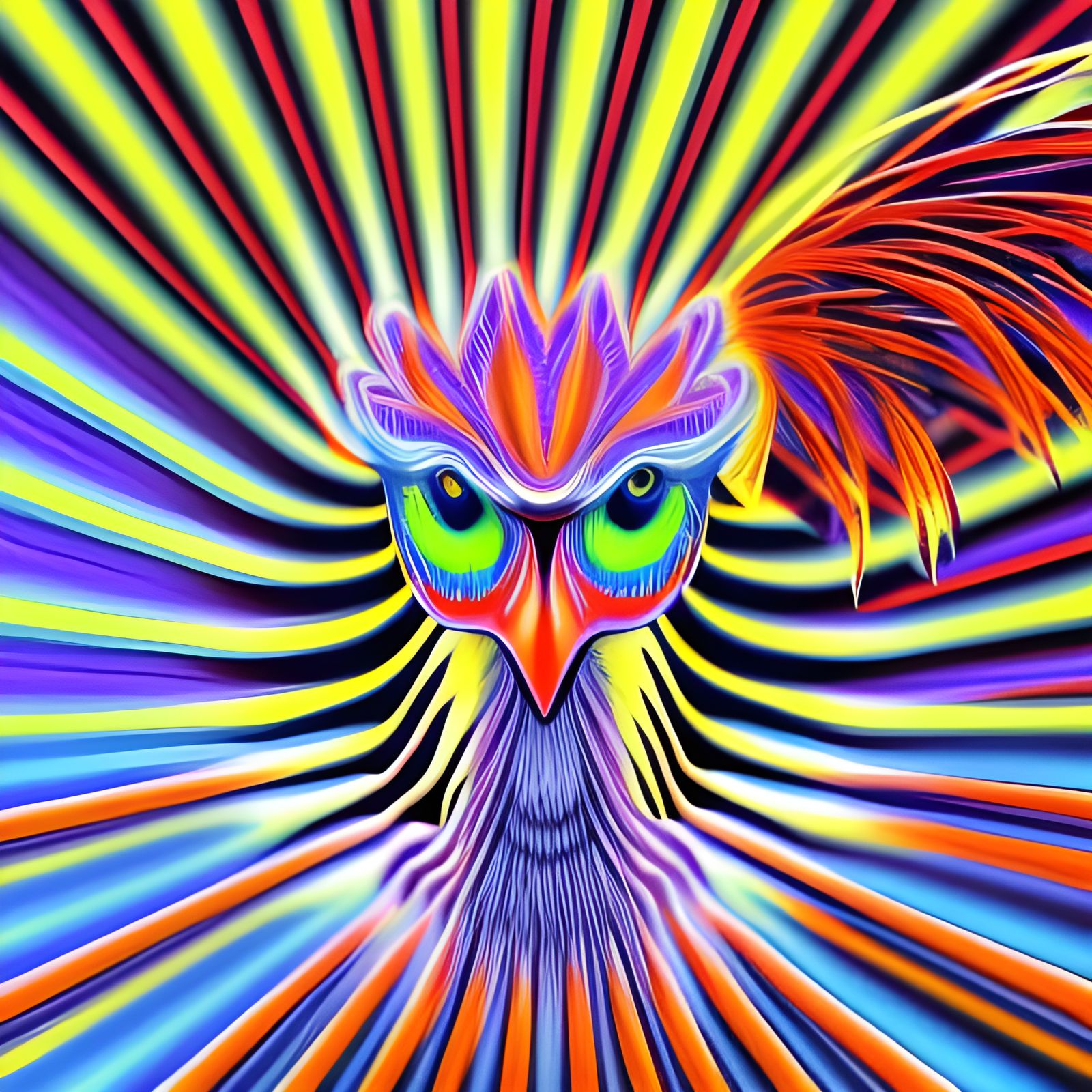 Trippy Rooster with Fractal Feathers, Digital Art