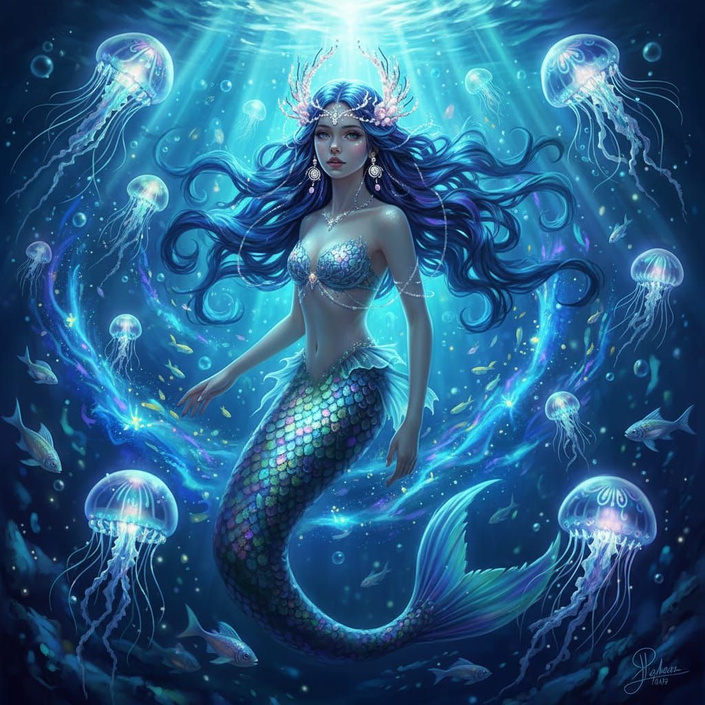 Bioluminescent Mermaid with Pearl Crown, Digital Art