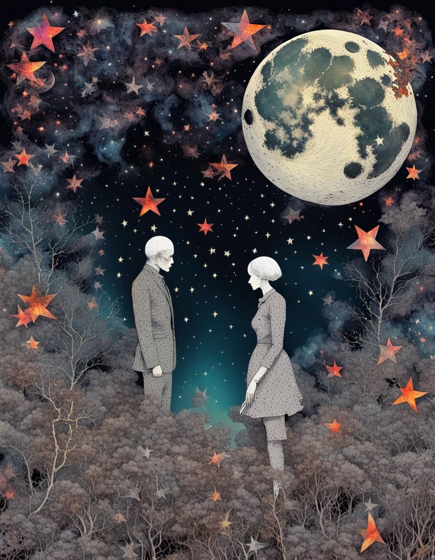 macabre lovers, text:"say you won't let go", made of stars on a starry night" double exposure collage art illustration, ...