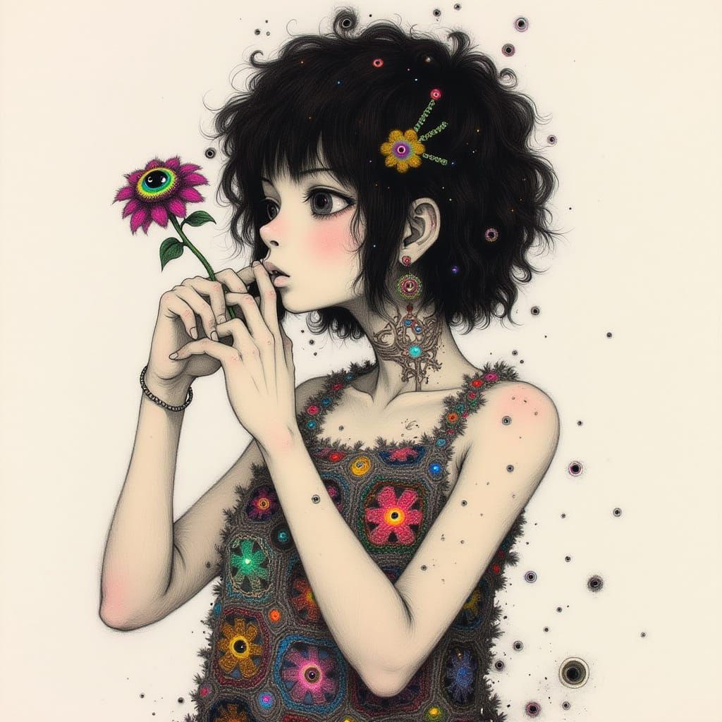 Vibrant Anime Girl Lost in Thought Amidst Intricate Crochet ...