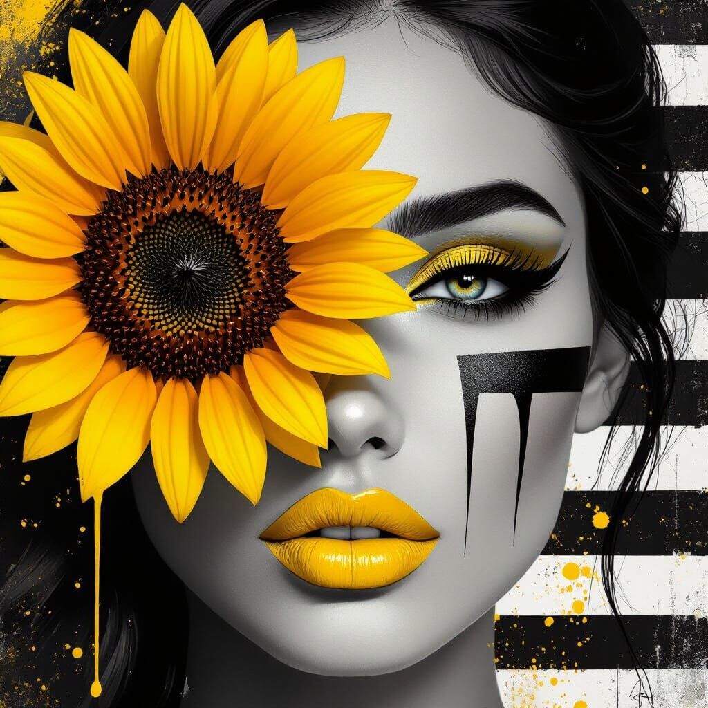 Grayscale Portrait With Vibrant Yellow Sunflower