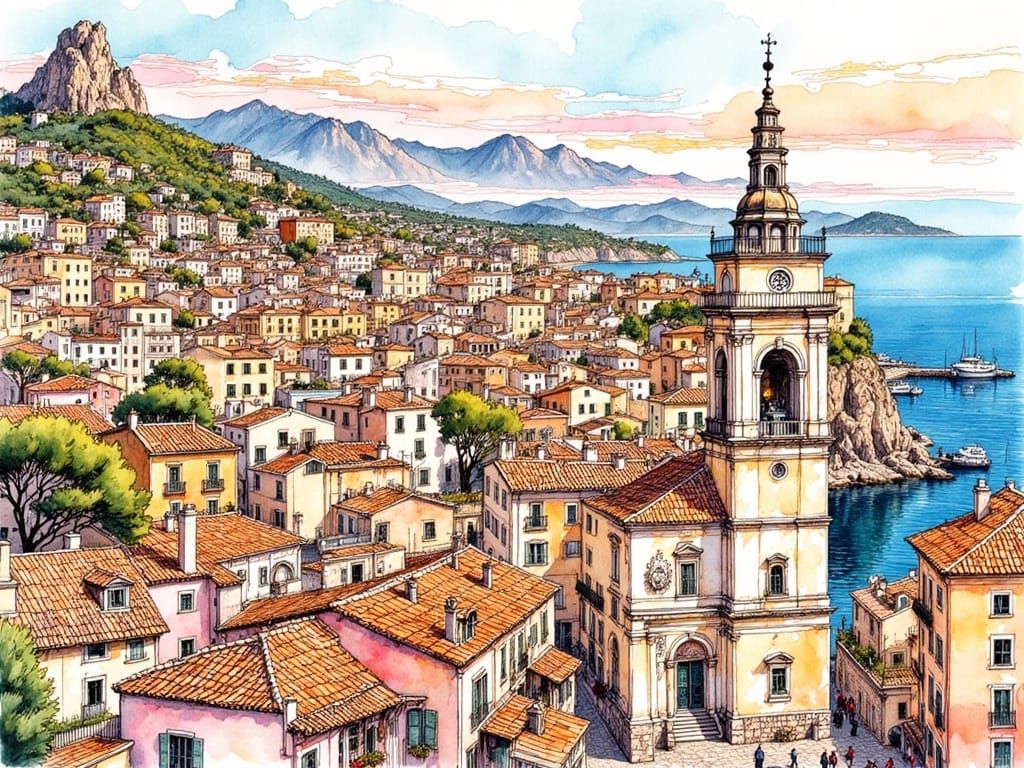 Palma de Mallorca Rooftops in Colored Ink Style