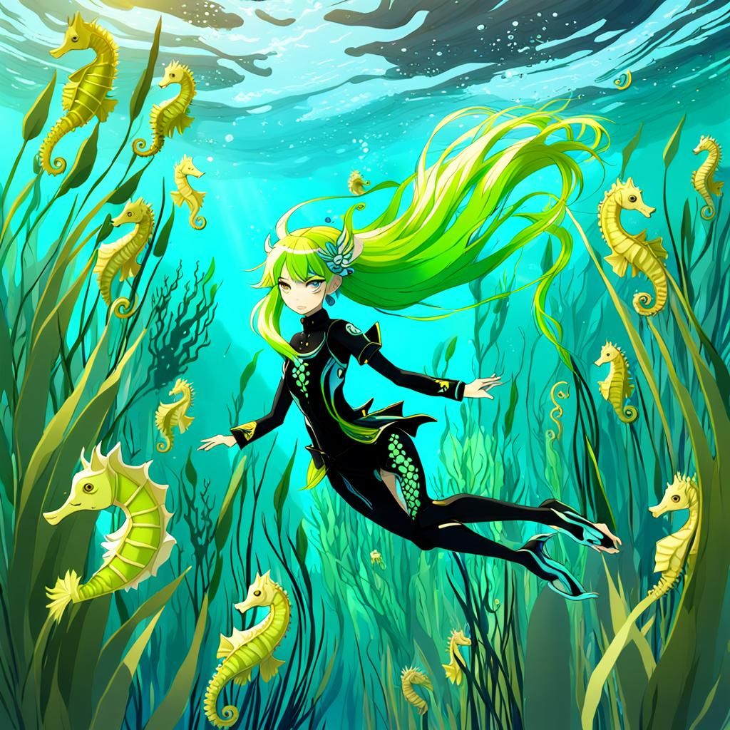 Anime Girl in Underwater Meadow, Detailed Matte Painting