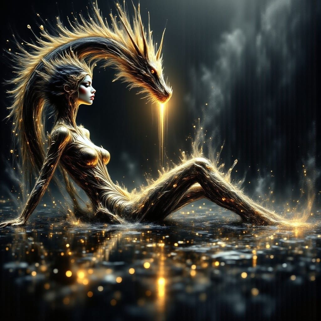 Dark Fantasy Elf and Dragon in Starry Night