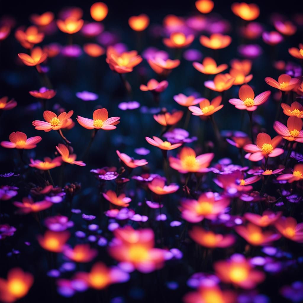 Glowing petals floating  in the dark with fireflys,