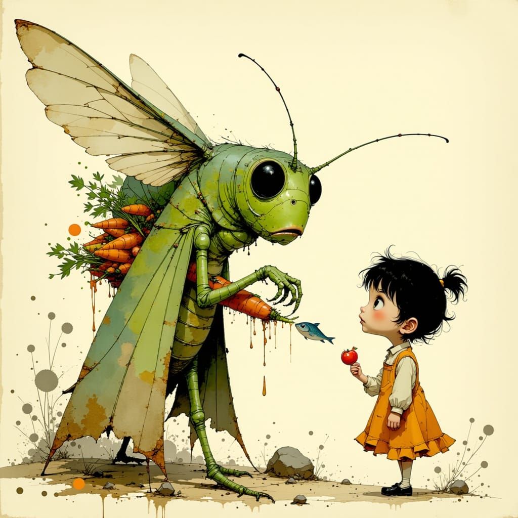 Whimsical Grasshopper in Spotted Coat with Carrots and Fish