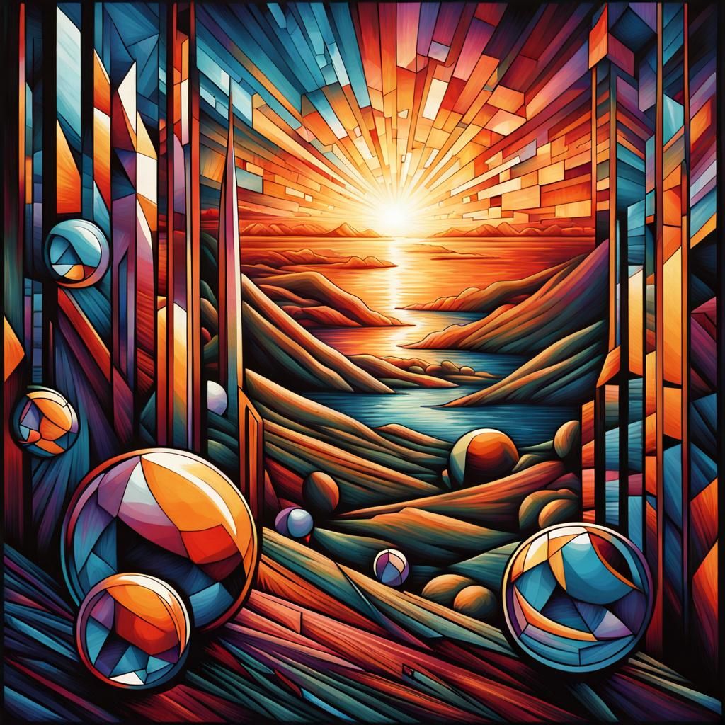 Cubist Geometric Render with Reflective Spheres