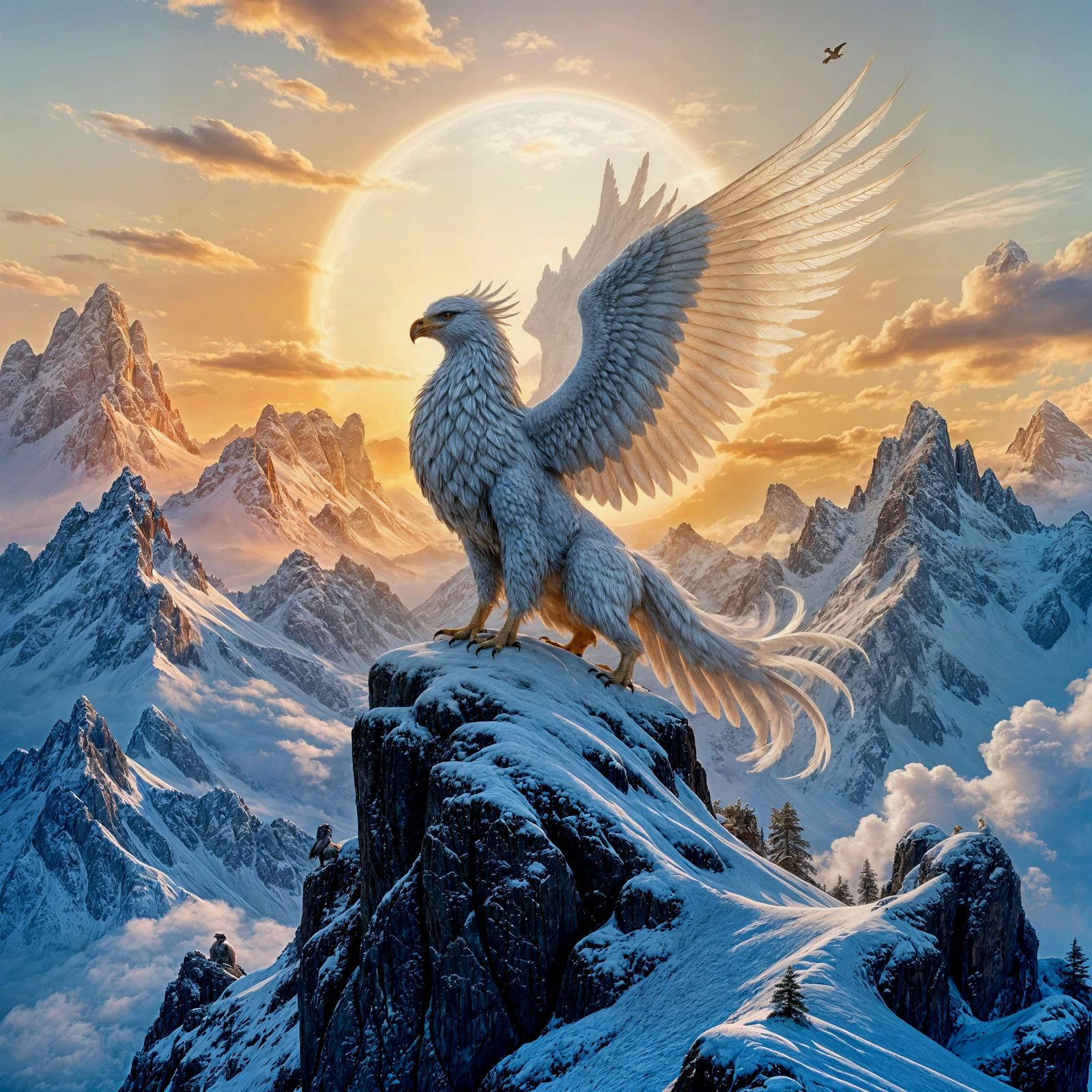 Griffin Perched Atop Snowy Mountain Peak