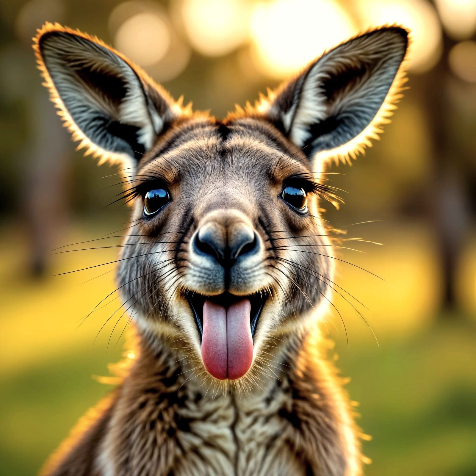 Close-Up Kangaroo Portrait with Tongue Out