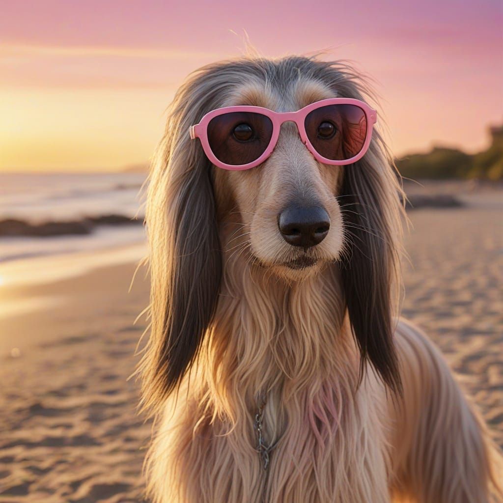 Afghan Hound Dog with Pink Sunglasses on Beach
