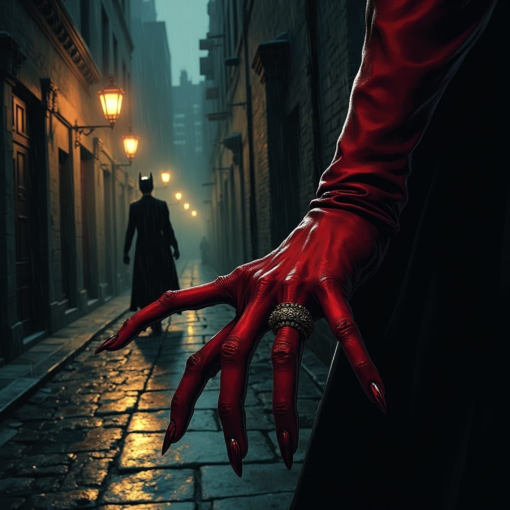 Elegant Red Hand Walks Gotham Alleys