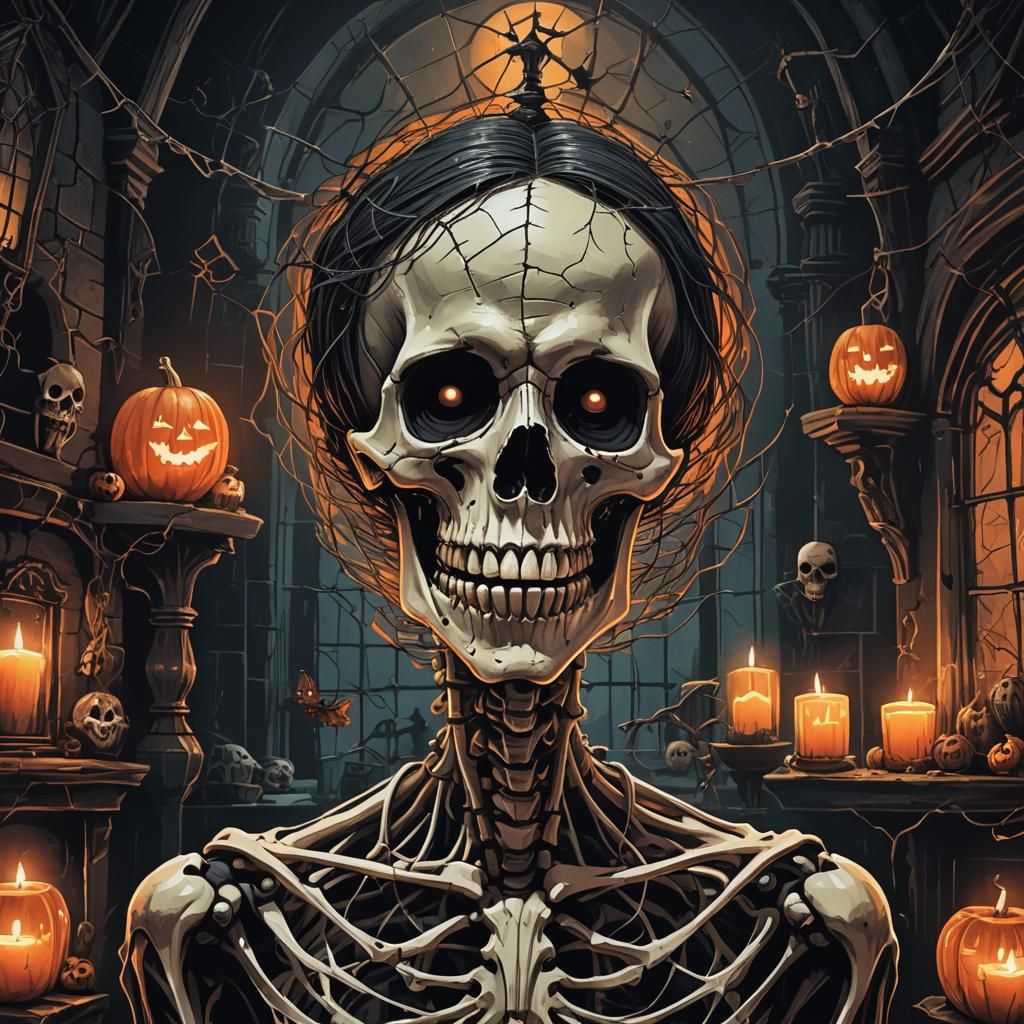 Spooky Skeleton Portrait in Tim Burton Style