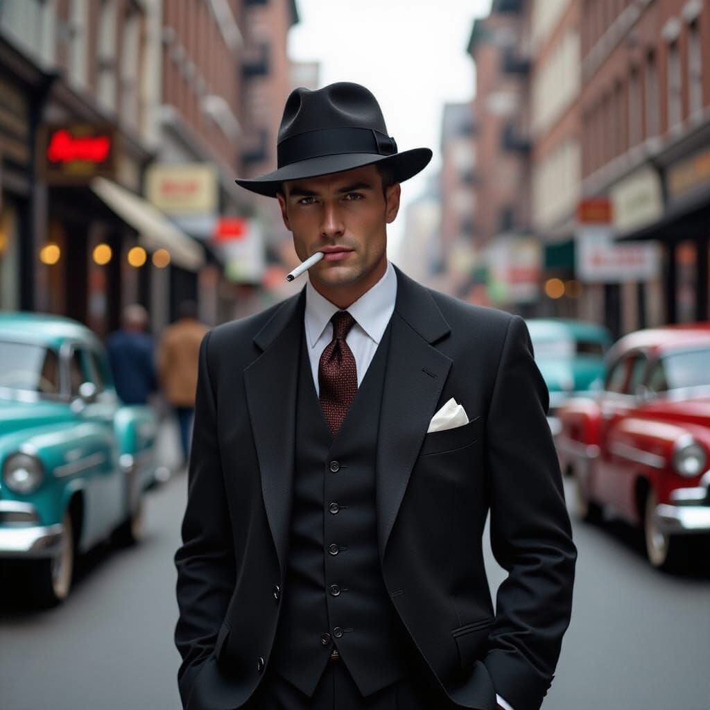 Man in 1950s Suit Smoking, Cinematic Portrait