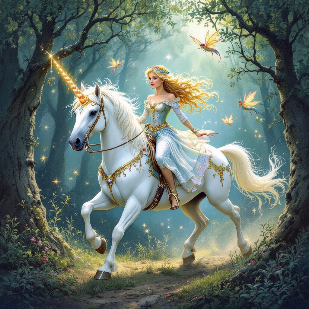 Enchanted Forest Scene: Unicorn and Fairy in Mystical Woods