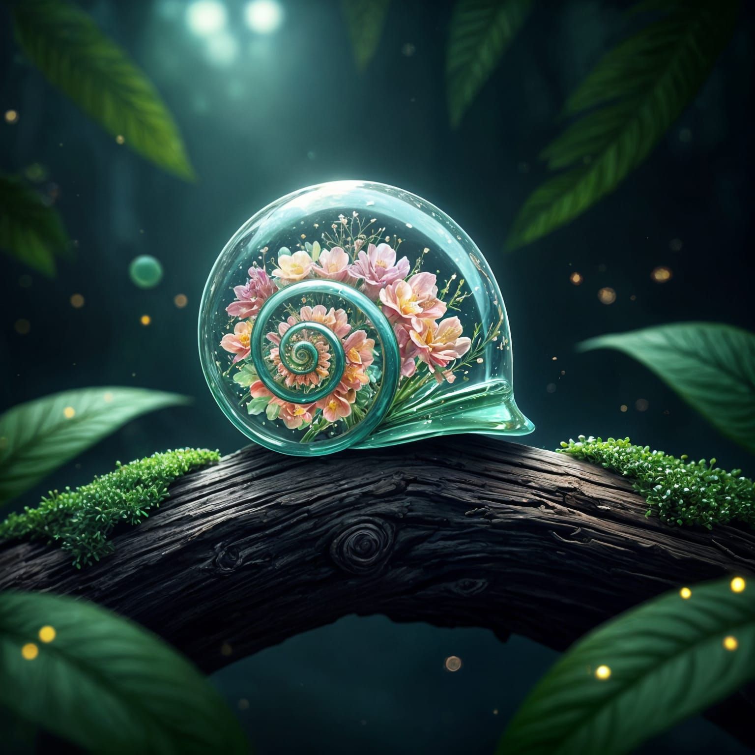 Bioluminescent Crystal Snail Shell in a Night Forest