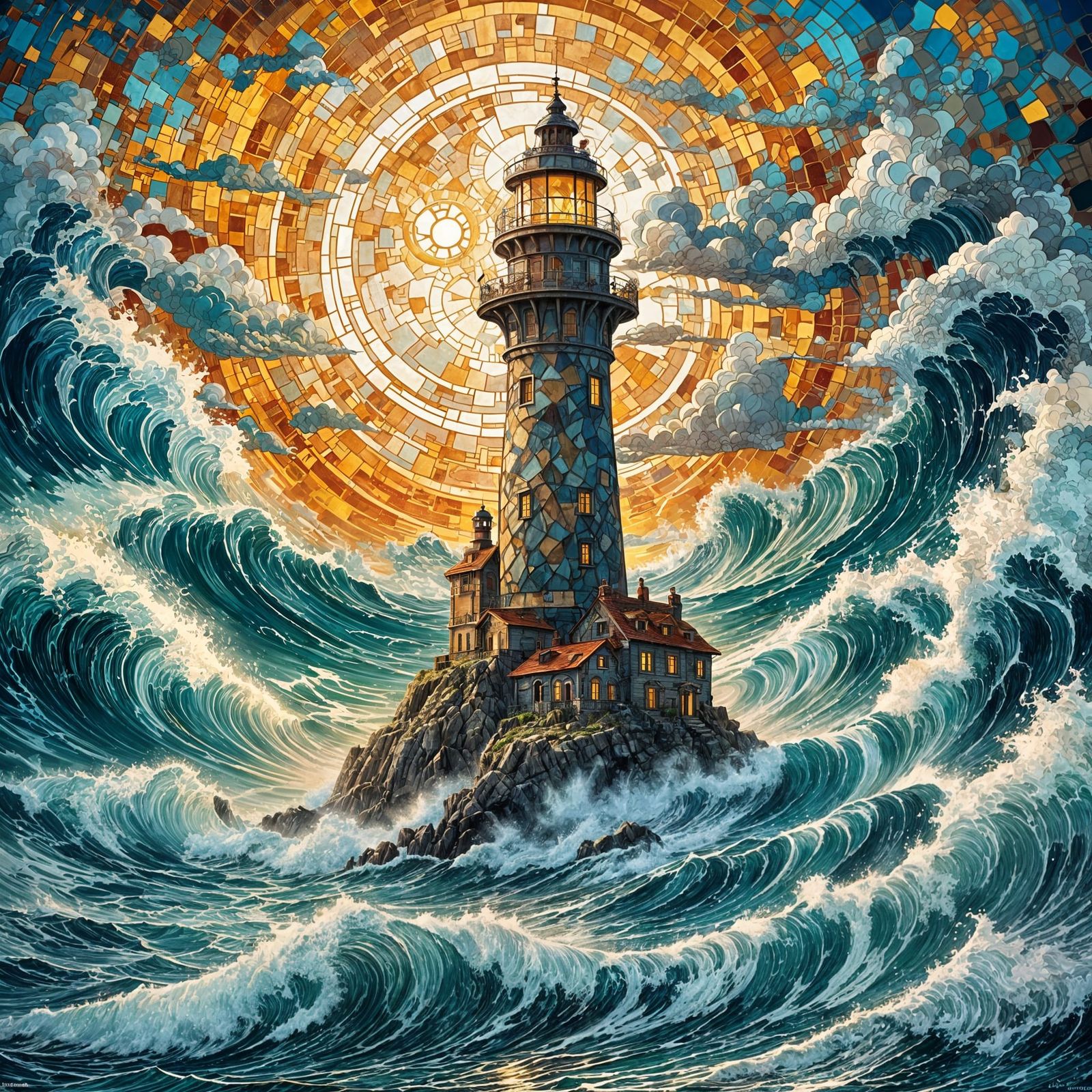 Lighthouse Against Stormy Sea in Art Nouveau Style