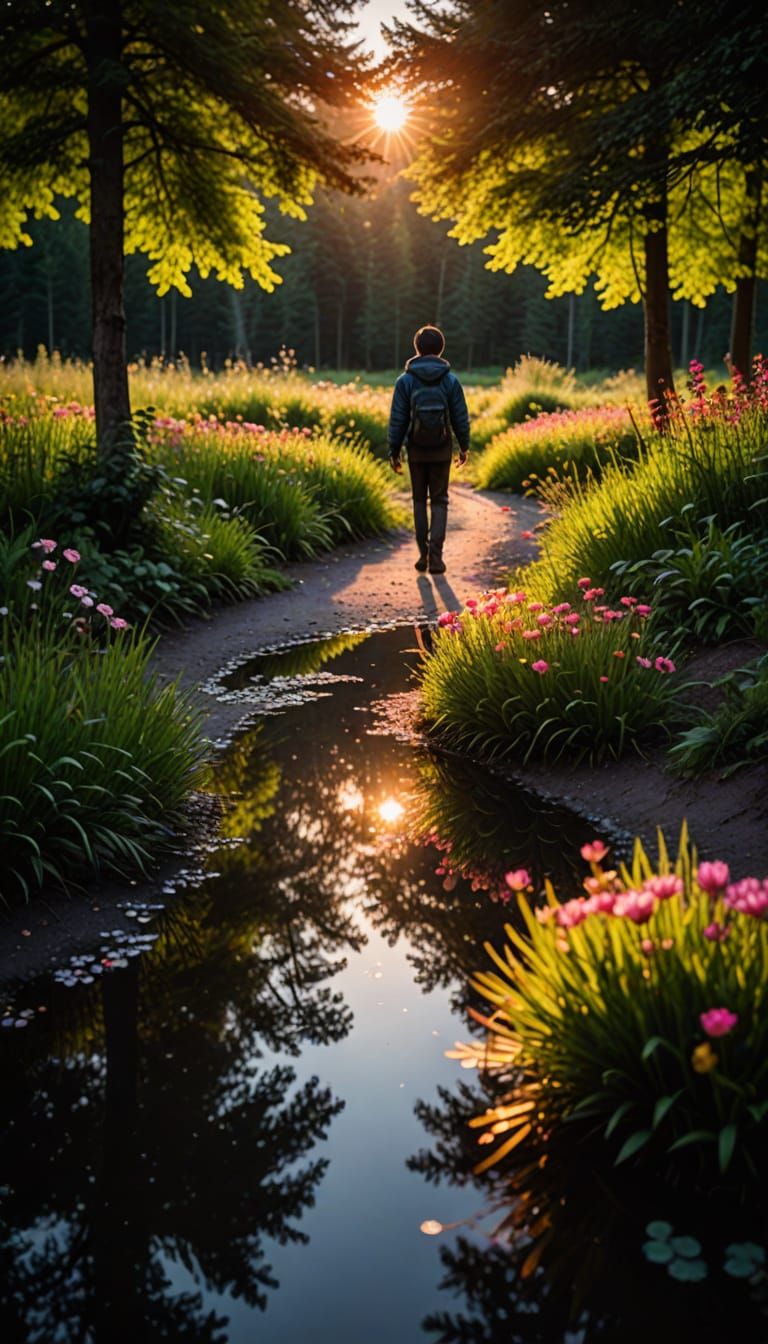 Boy in Forest at Sunset with Reflecting Pond