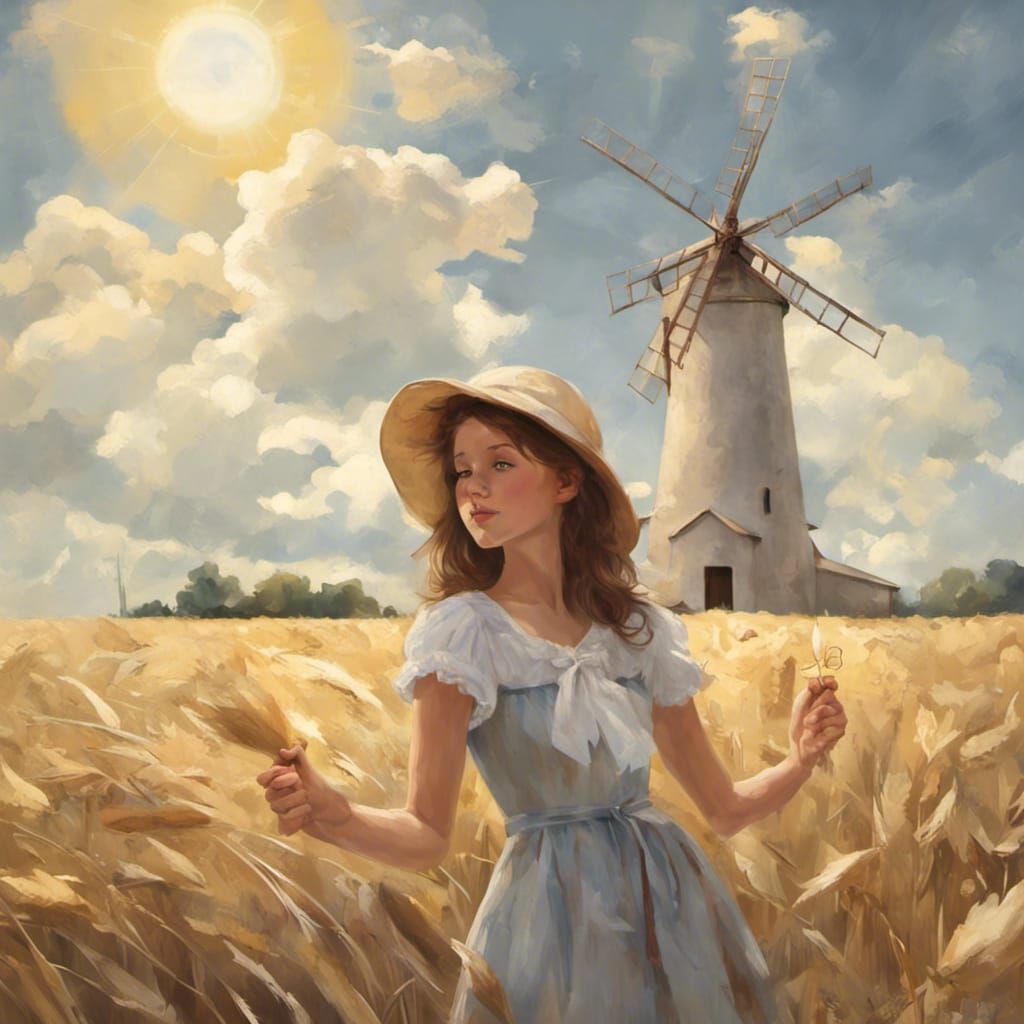 Windmill, Countryside, Girl, Clouds, and Sun