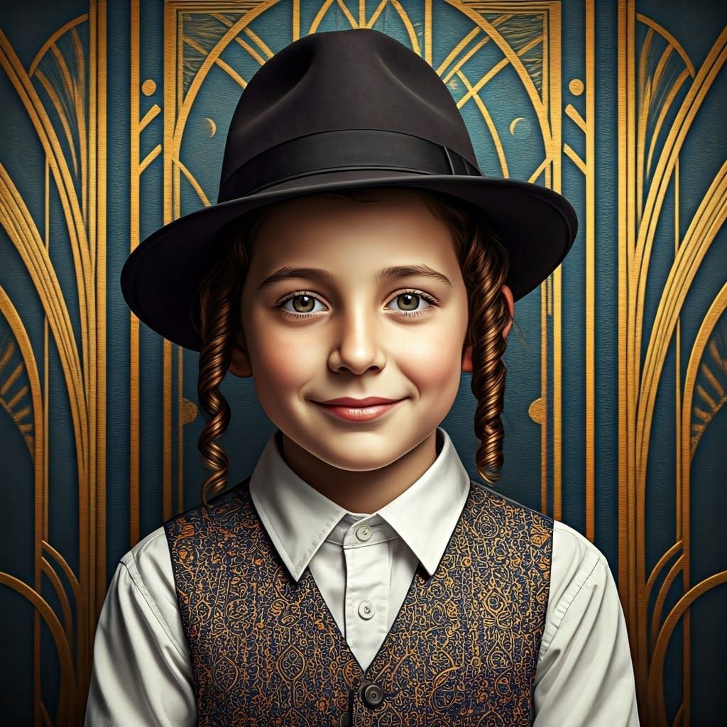 Art Deco Jewish Boy Portrait in Analogous Colors