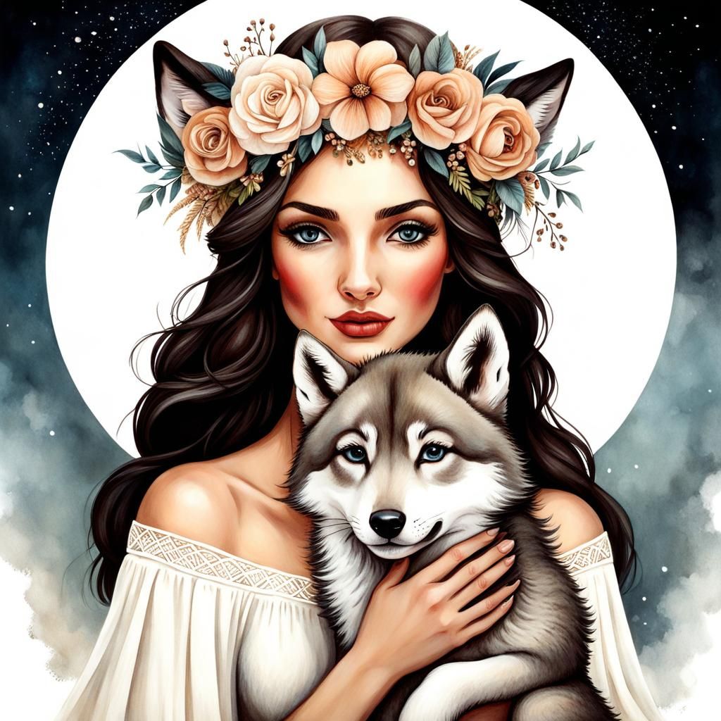 Woman with Wolf Cub and Flower Crown