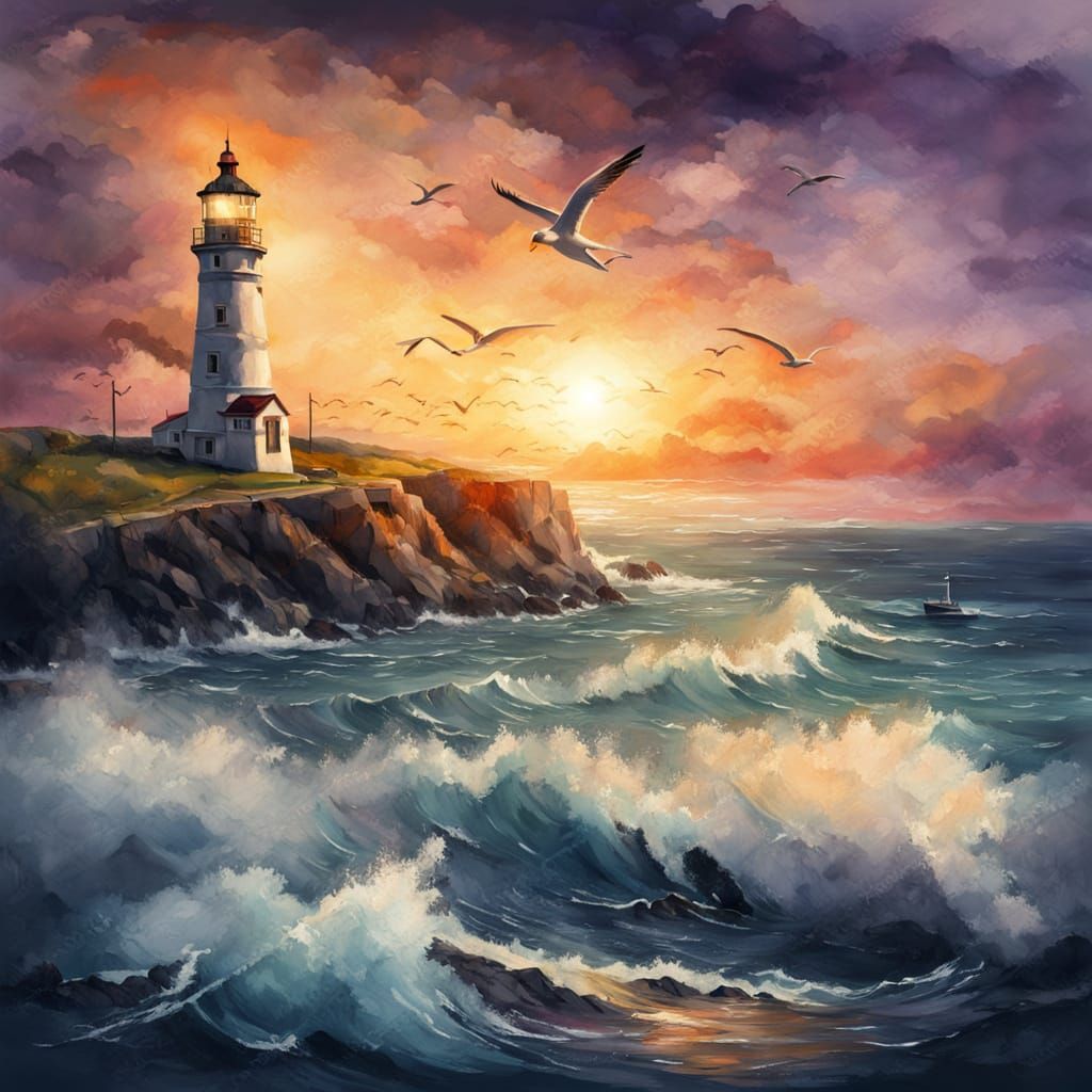 Majestic Lighthouse Amidst Stormy Ocean in Watercolor Style