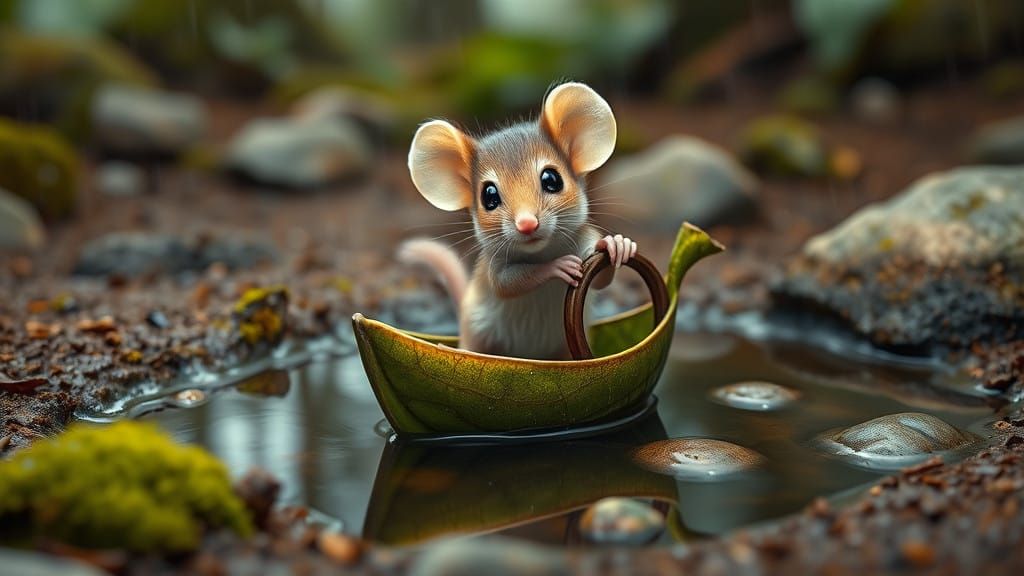 Whimsical Mouse Navigator in a Rainy Forest