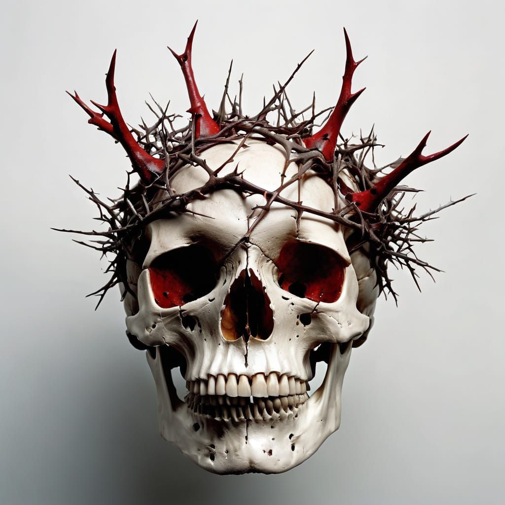 Surreal Skull in Rich Red Tones with Twisted Thorns