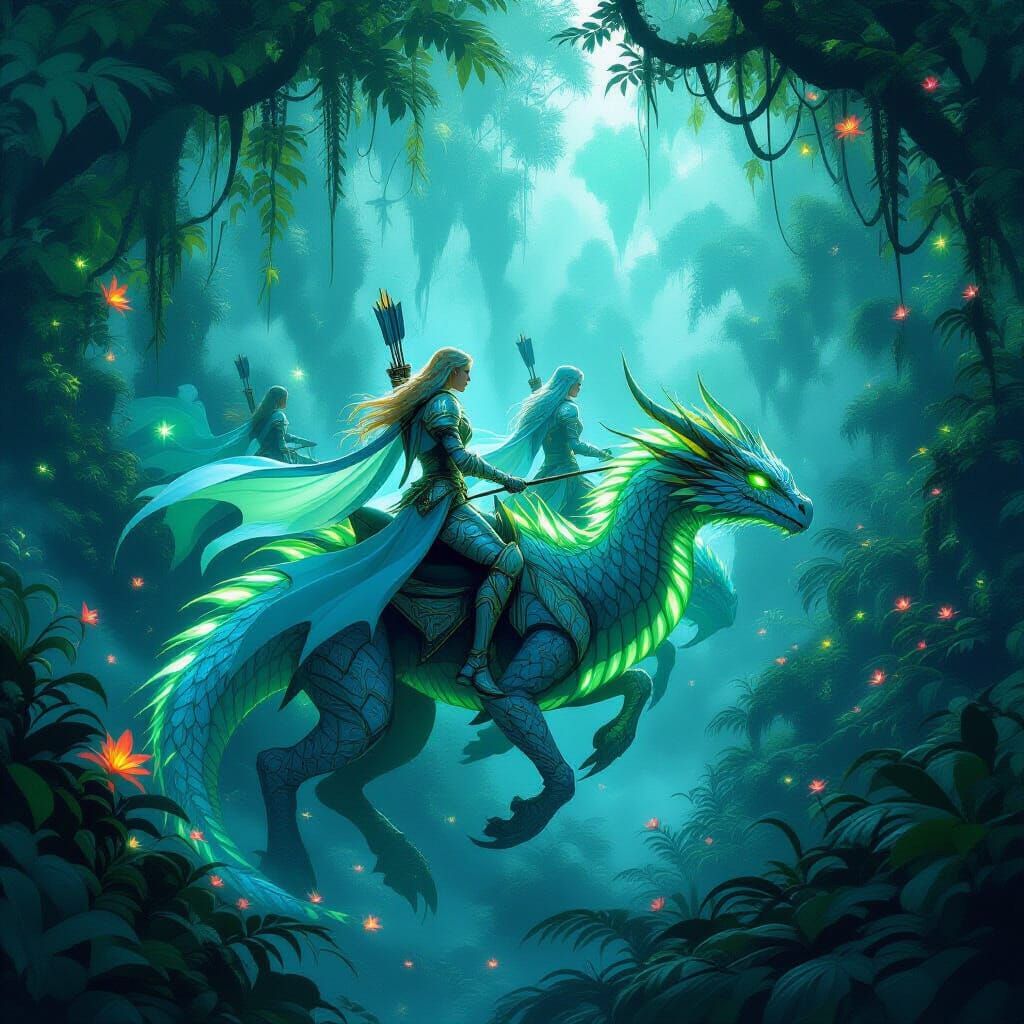 Elven Rangers on Bioluminescent Dragons in Alien Jungle