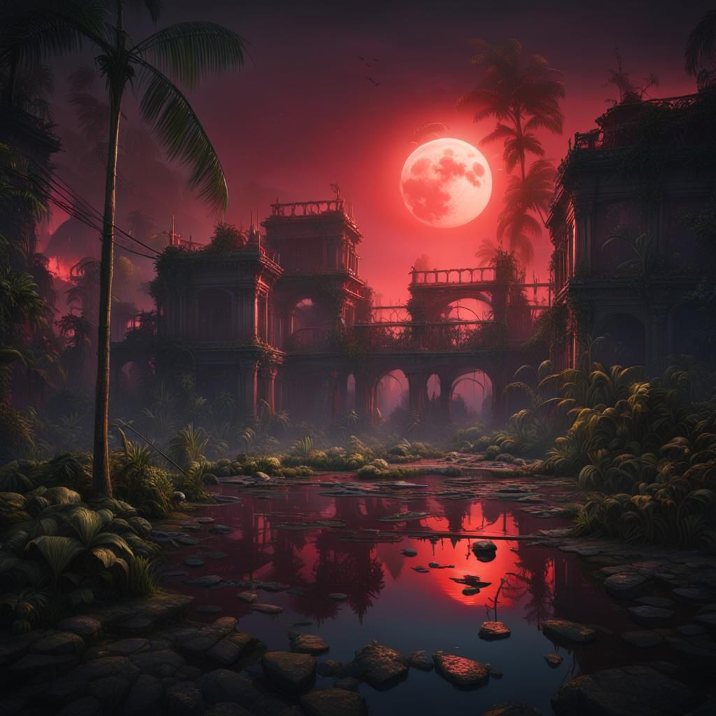 Overgrown Ruined City in Red Moonlight, Photorealistic