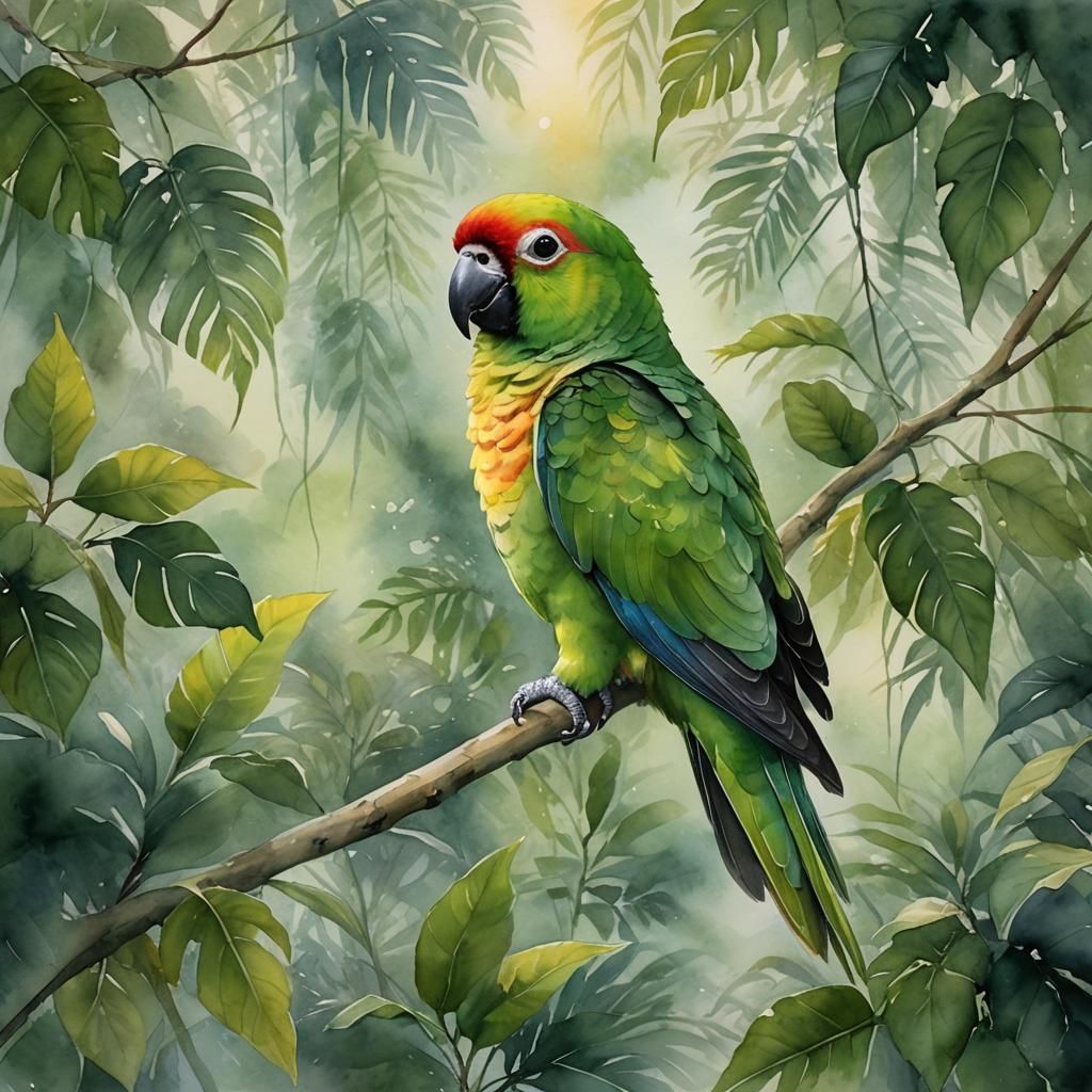 Watercolor Conure in Ethereal Forest Habitat