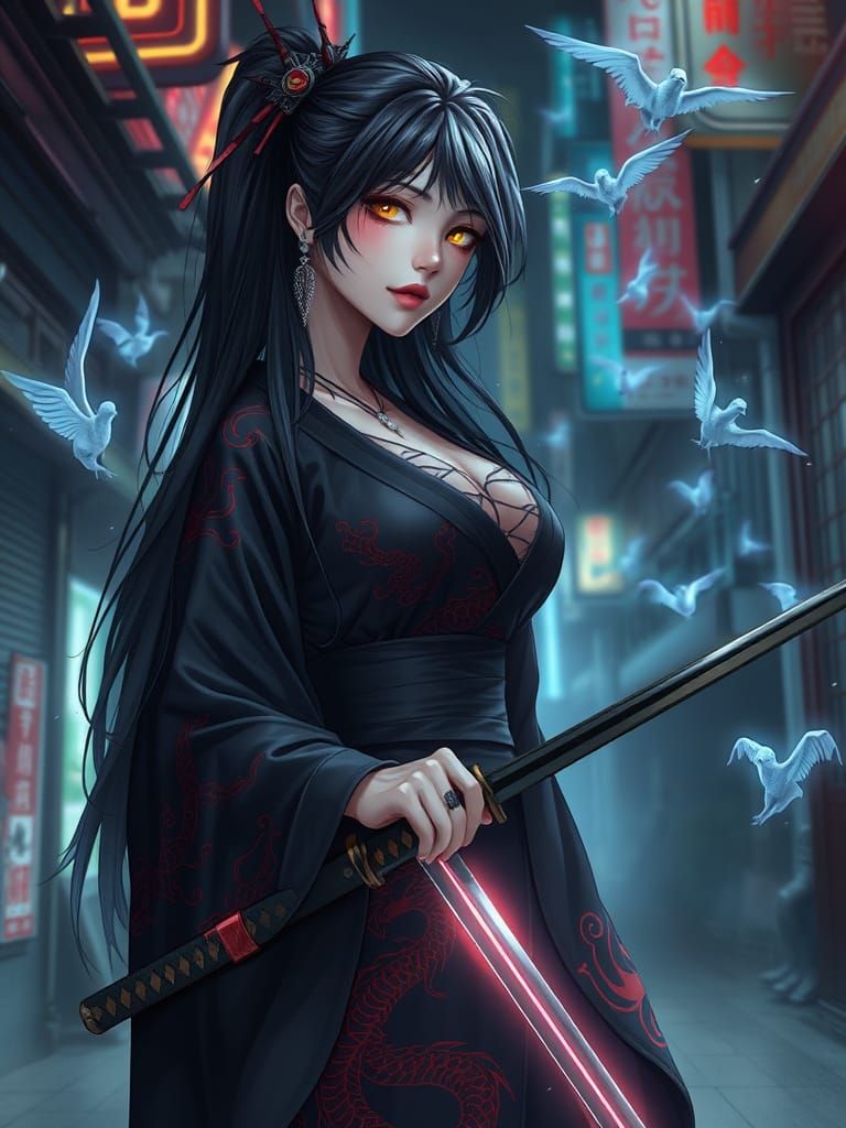 Anime Yakuza Goddess in Neon Tokyo Alley