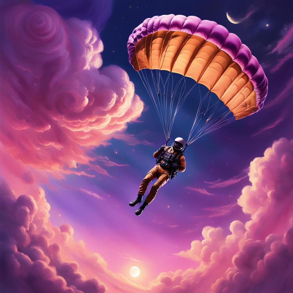 Fantasy Skydiver Descends Under Golden Moon