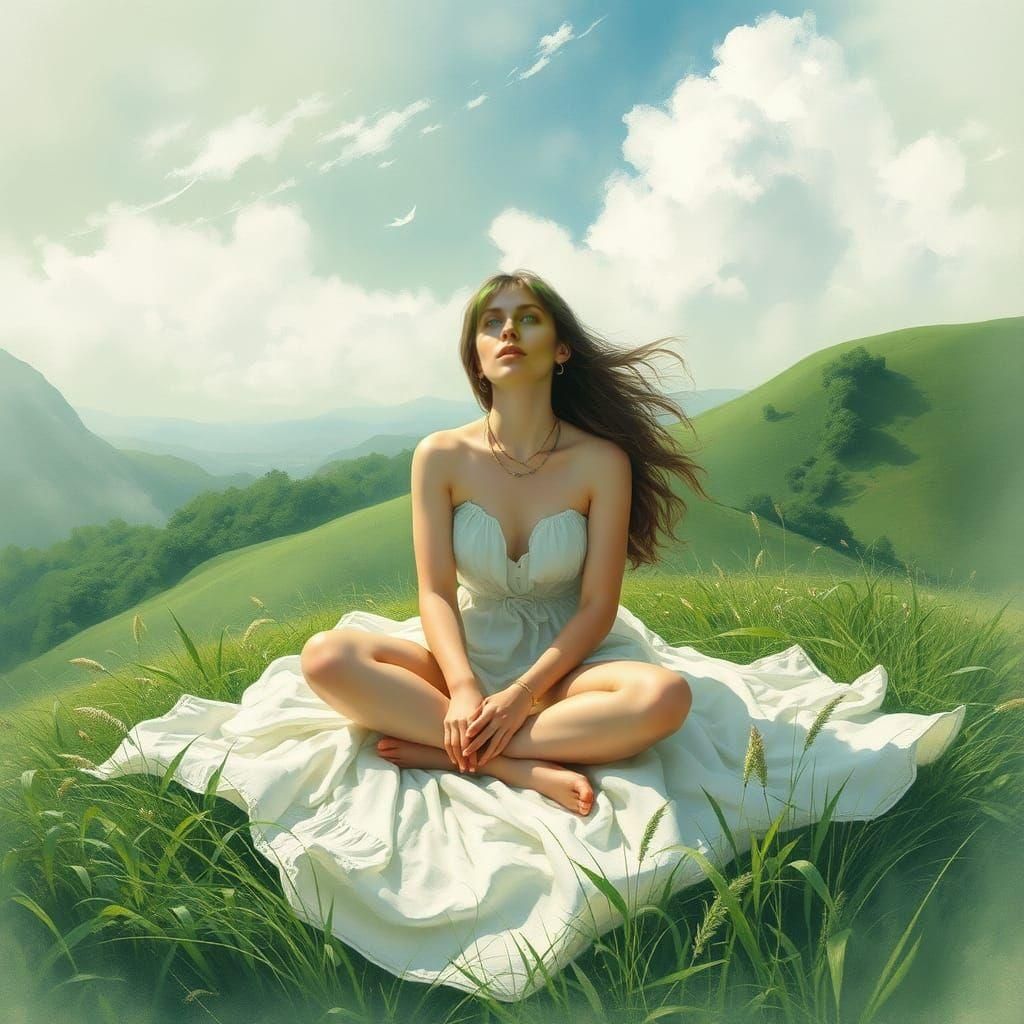 Woman on Hill in White and Green Watercolor